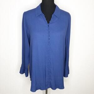 Soft Surroundings dark blue button front ruffle sleeve top size Petite Medium PM